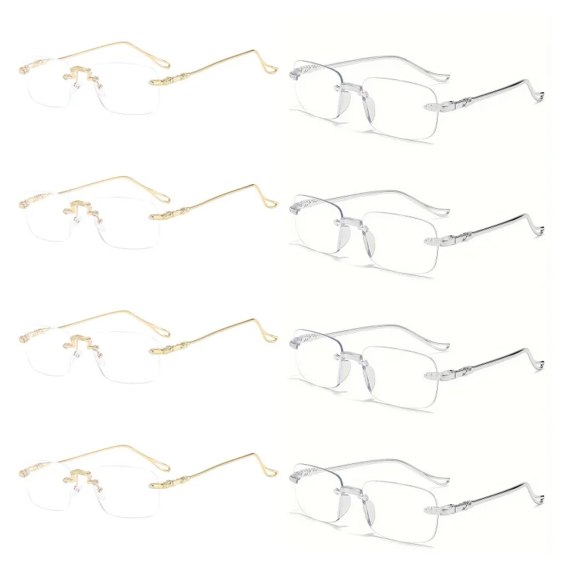 

8PCS Elegant Rimless Reading Glasses for Men and Women Rectangular Frame Shape with Anti-Blue Light Polycarbonate Lenses