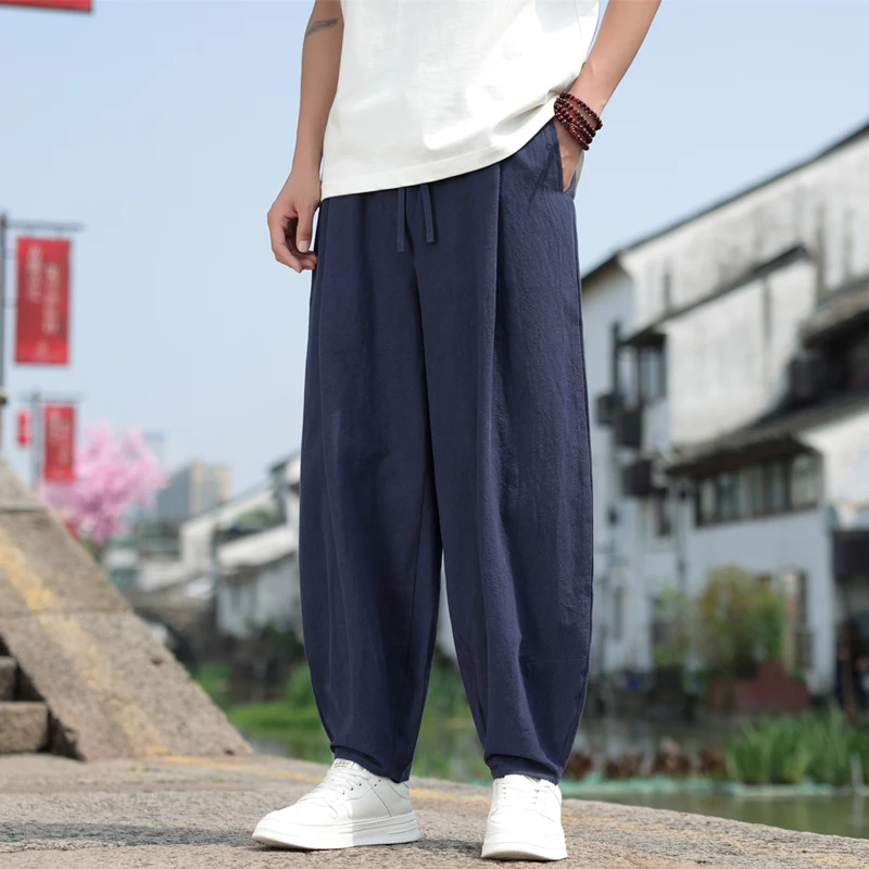 

Cotton Linen Men's Loose Fit Lantern Pants Pure Color Summer New Chinese Sle Casual Loose Waist Nine Points Youth Faion