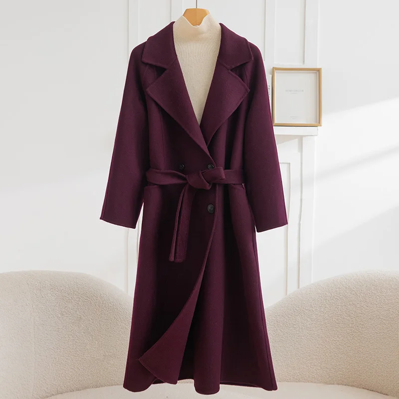 

2025 Autumn And Winter Lace-Up Double-Sided Cashmere Coat Women's Long High-End Fashion 100% Pure Wool Coat