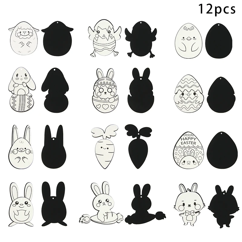 12pcs Easter Magic Scratch Art DIY Painting Crafts Kids Gift Easter Decoration Bunny Chick Colorful Scratch Painting Stencil