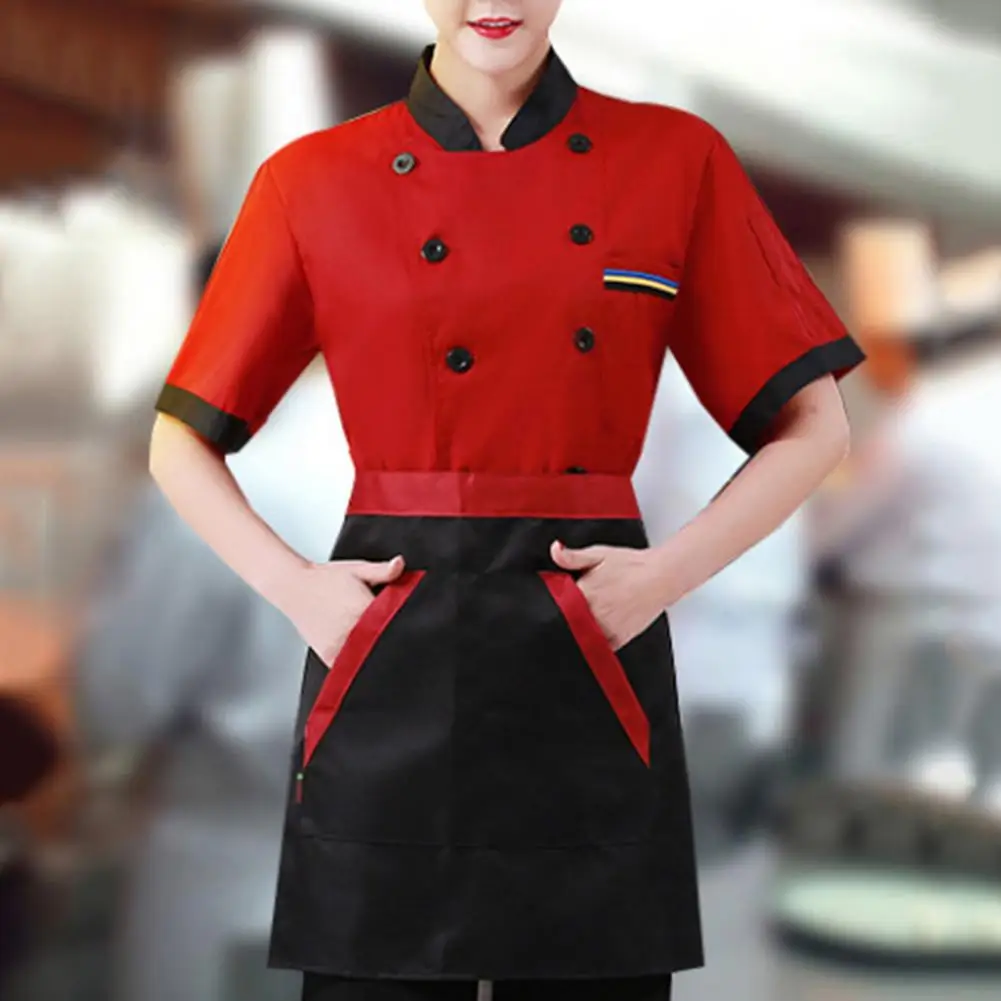 Kitchen Unisex Chef Jacket Double Breasted Short Sleeve Stand Collar Food Service Uniform Chef Shirt Waiter Top