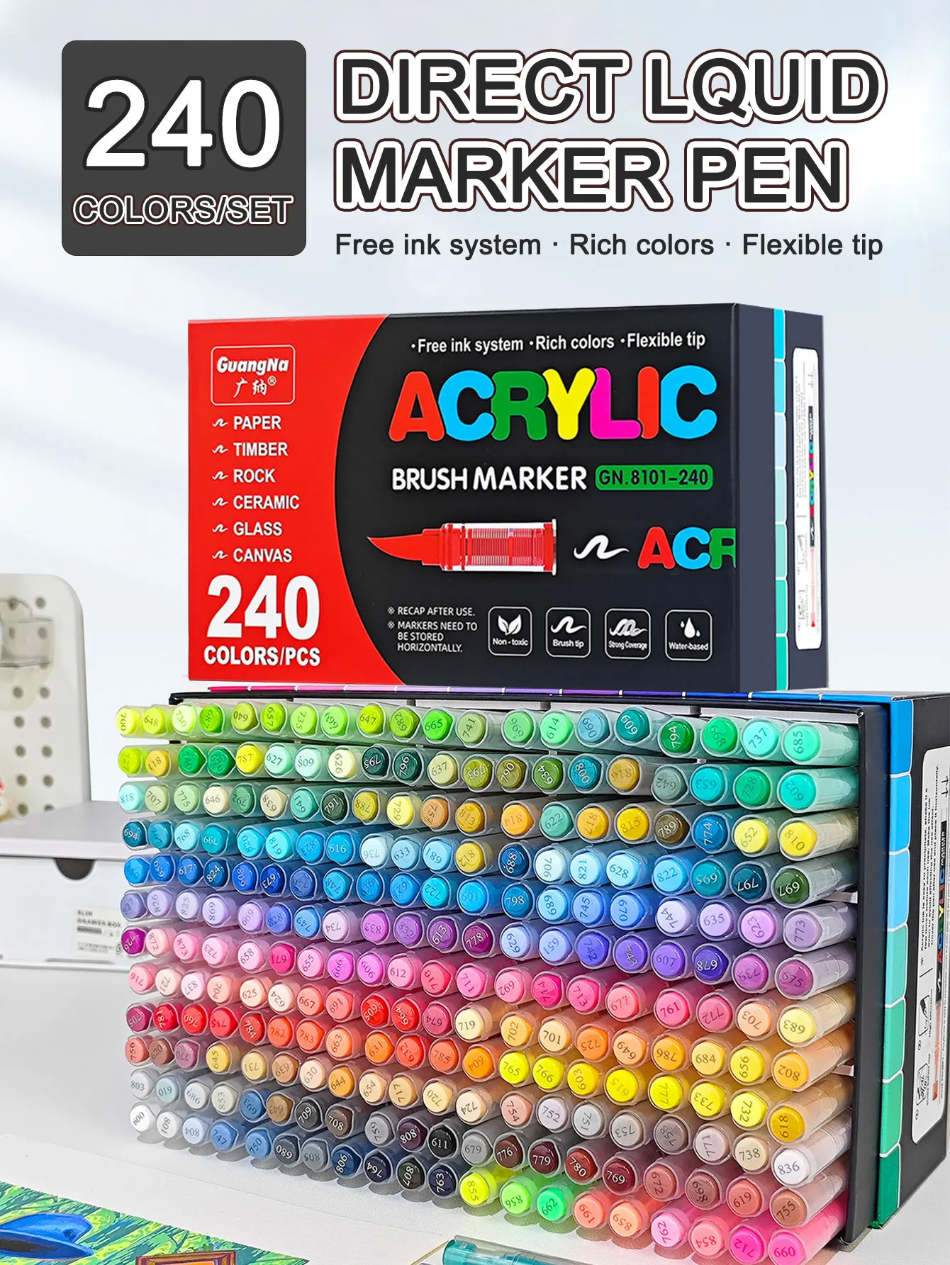 مجموعة أقلام تحديد أكريليك مكونة من 240 لونًا من Guangna، أقلام تحديد سائلة مباشرة، أقلام طلاء جرافيتي فنية للطلاب