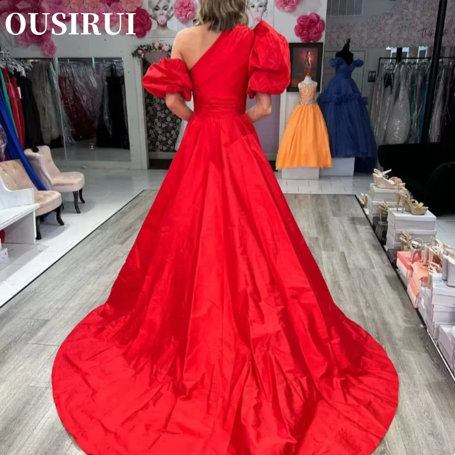 OUSIRUI One-Shoulder-Puffärmel, hoher Schlitz, lange Abendkleider für formelle Anlässe, A-Linie, Smaragd-Taft, Abschlussball-Partykleid, gerüscht