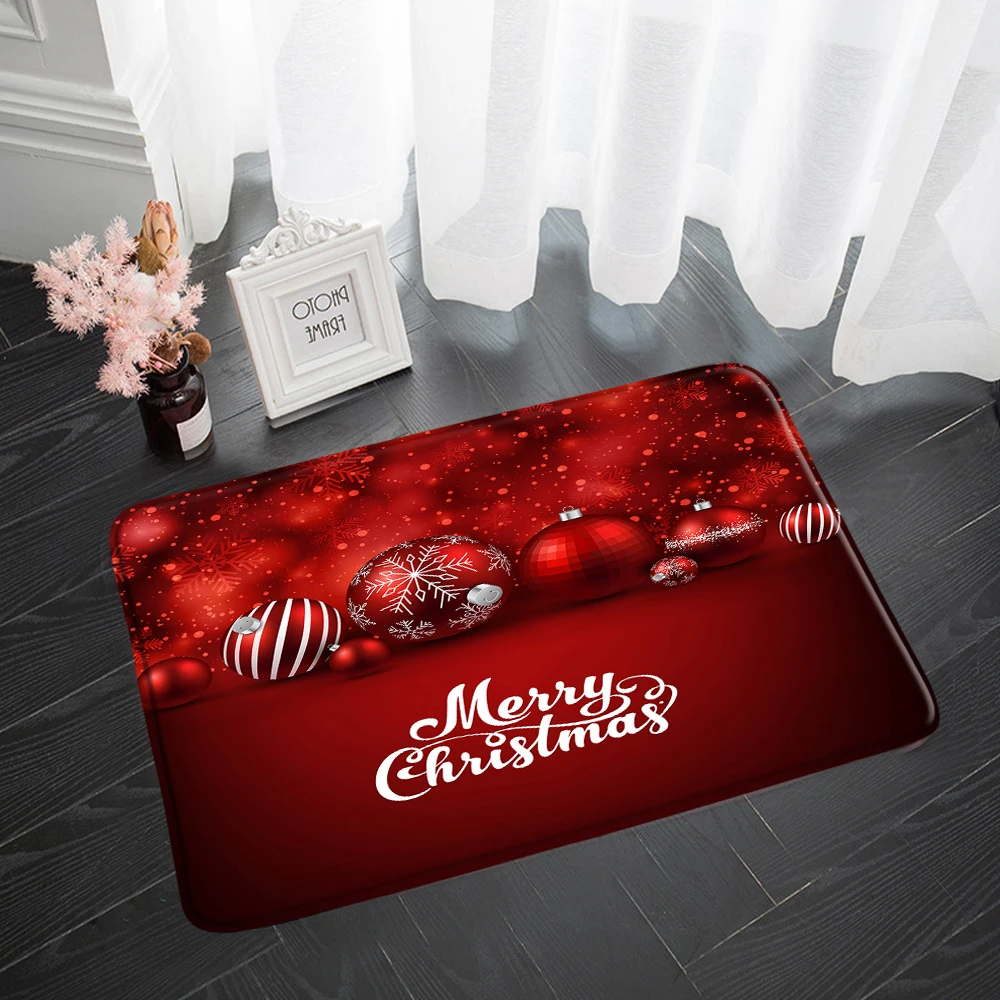 Red Christmas Kitchen Bath Mat Xmas Ball Snow New Year Home Room Decor Non-slip Soft Floor Rugs Entrance Doormat Foot Mat Carpet