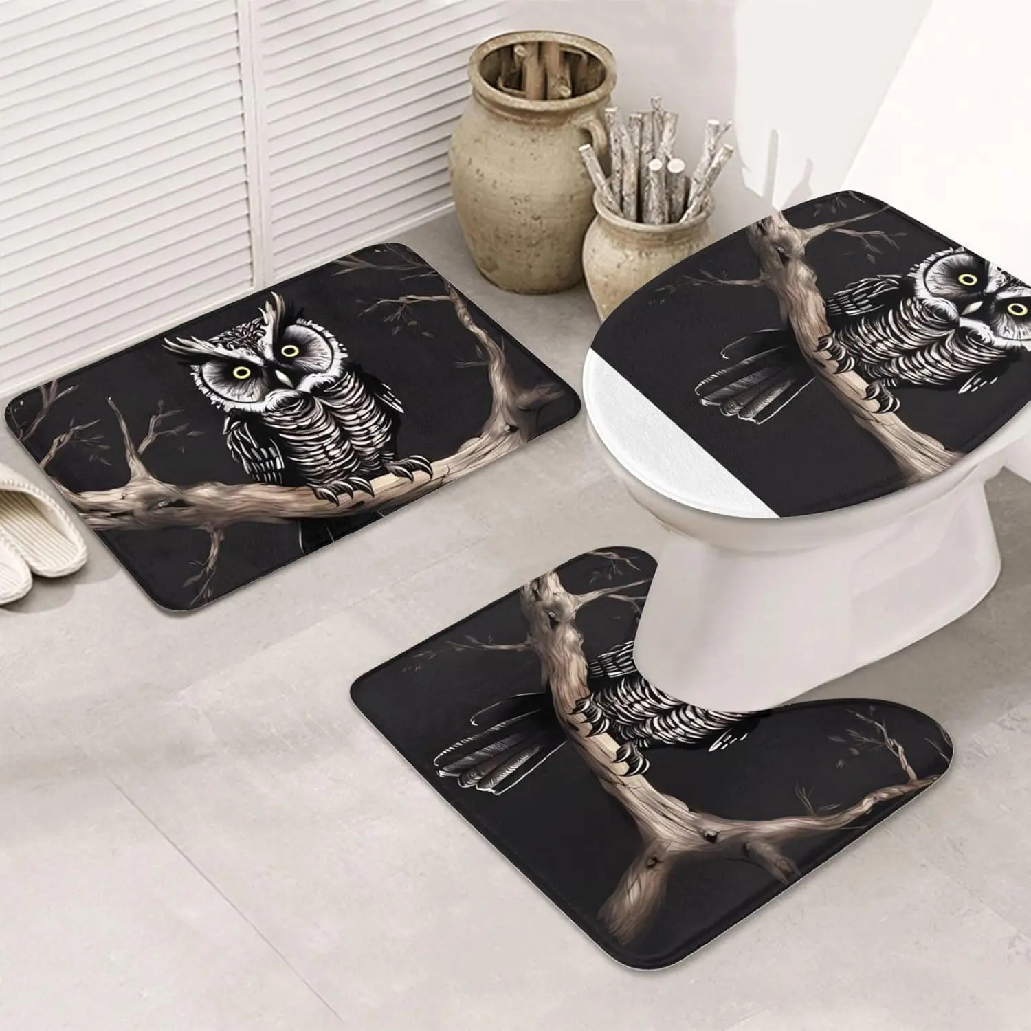 Late Night Owl Bathroom Rug Set - 3 Piece Non Slip Shower Mats with U-Shaped Contour Toilet Mat, Absorbent Microfiber Bath Mats