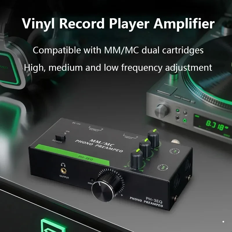 Preamplificador de fonófonos profesional MM MCs con ecualizadores ajustables de 3 bandas para sistemas de tocadiscos de vinilo, interfaces XLR y alimentación de 12V