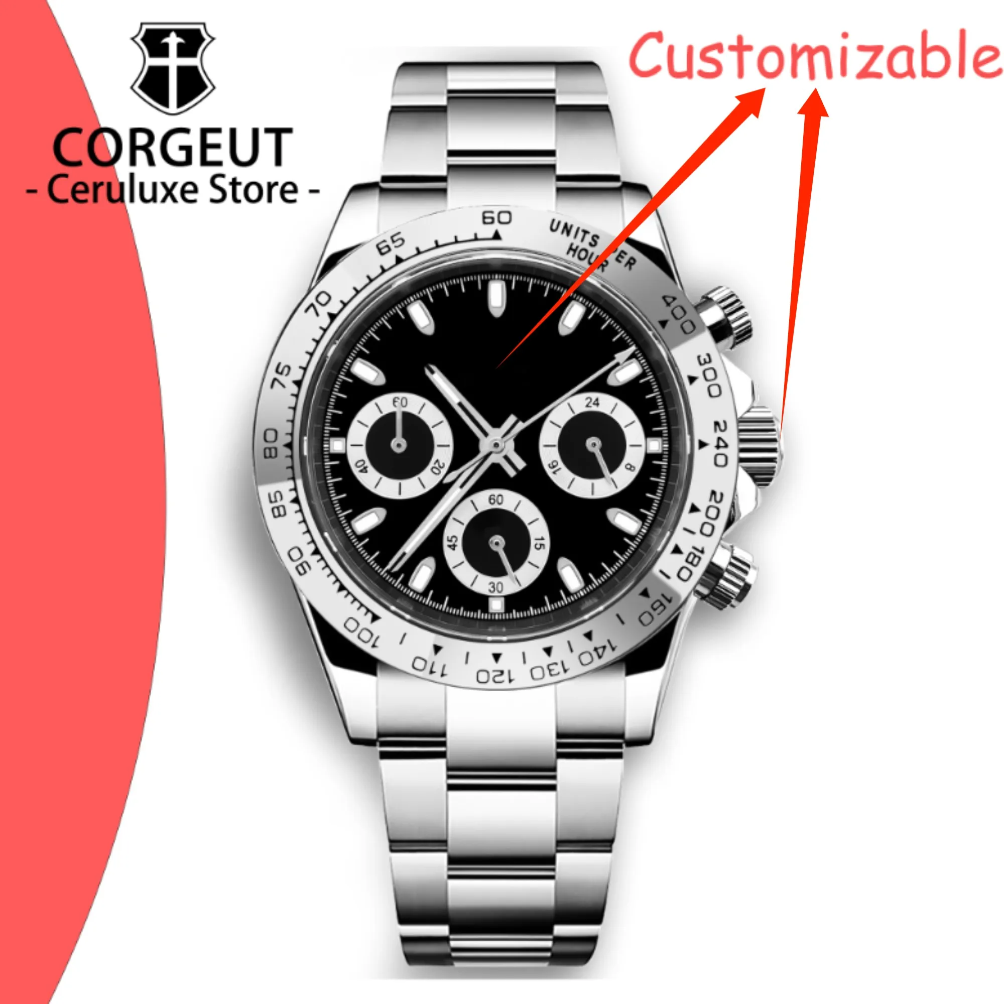 CUSTOM Logo 39mm Men's Watch Panda Chronograph VK63 Movement Waterproof Sapphire Crystal 316L Wristwatches