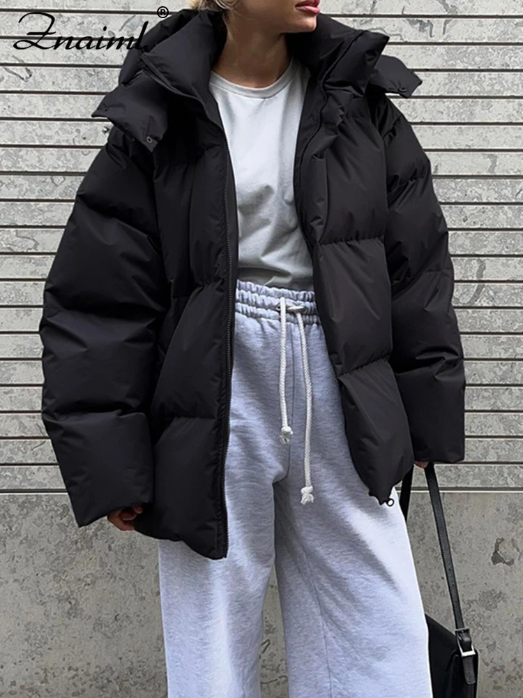 سترة Znaiml النسائية ذات المقاس النحيف مع قلنسوة موضة الخريف والشتاء الدفء من القطن والبوليستر بأكمام طويلة معطف دافئ ملابس الشارع في الهواء الطلق