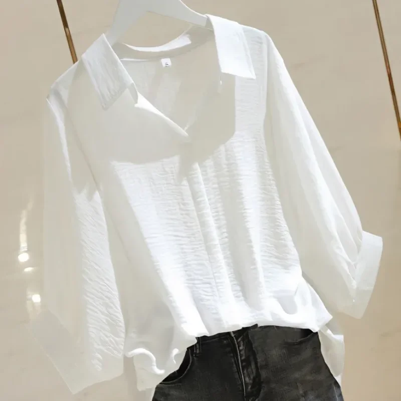 

Women Cotton Linen Blend V Neck 3/4 Sleeve Loose Casual Blouse