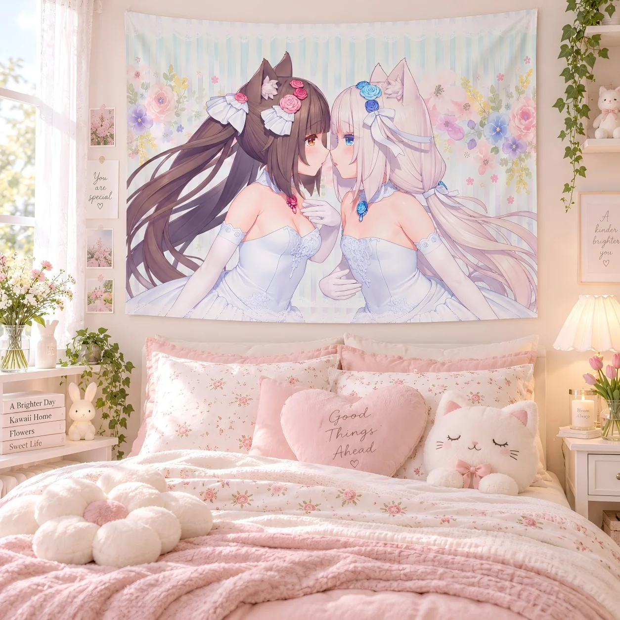 Cute Cat Girls Anime Tapestry Kemonomimi Brides White Wedding Wall Hanging Dorm Bedroom Aesthetic Home Background Decoration