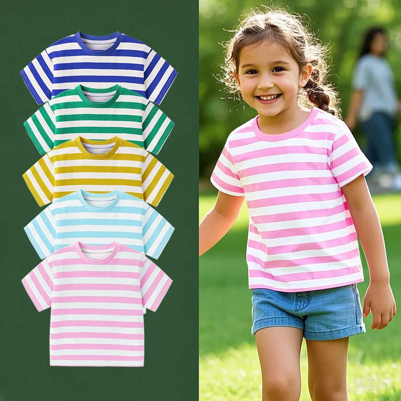 DE PEACH Summer Baby Boys Girls Short Sleeve T-Shirt Toddler Kids O-Neck Striped Tshirt Teens Children Cotton Casual Tops Tees