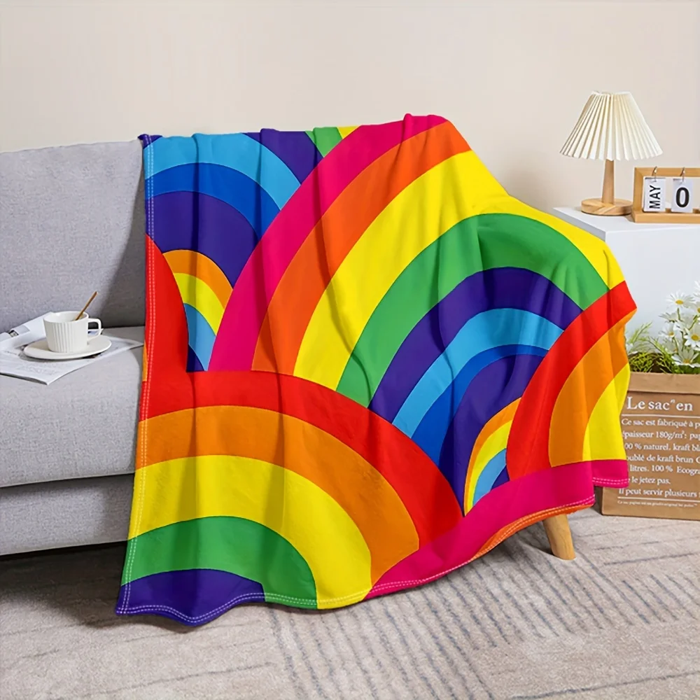 2D Flat Printing, 1pc Vibrant Rainbow Style Blanket, Printed with Multiple Overlapping Rainbow Arcs And Colorful Patchwork Desig