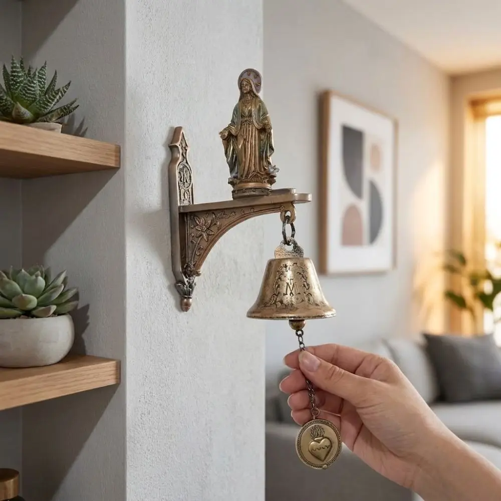 Religious Our Lady of Grace Wall Bell Metal Bell Antique Virgin Mary Statue Christian Wall Mount Figurine Hanging Bell