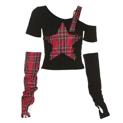 Classic Asymmetrical Women's Grunge Punk Arm Gloves Cold Shoulder Red Star Pattern Black Crop Top Y2k E-girl T-shirt