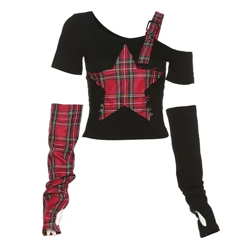 Guantes de brazo Punk Grunge asimétricos clásicos para mujer, Top corto negro con patrón de estrella roja y hombros descubiertos, camiseta para chica electrónica Y2k