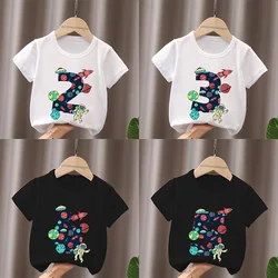 Space and Astronauts Print Birthday Number Bow Kids T shirt 1 2 3 4 5 6 7 8 9 Years Girls Clothes Funny Baby Boys Gift T-Shirts