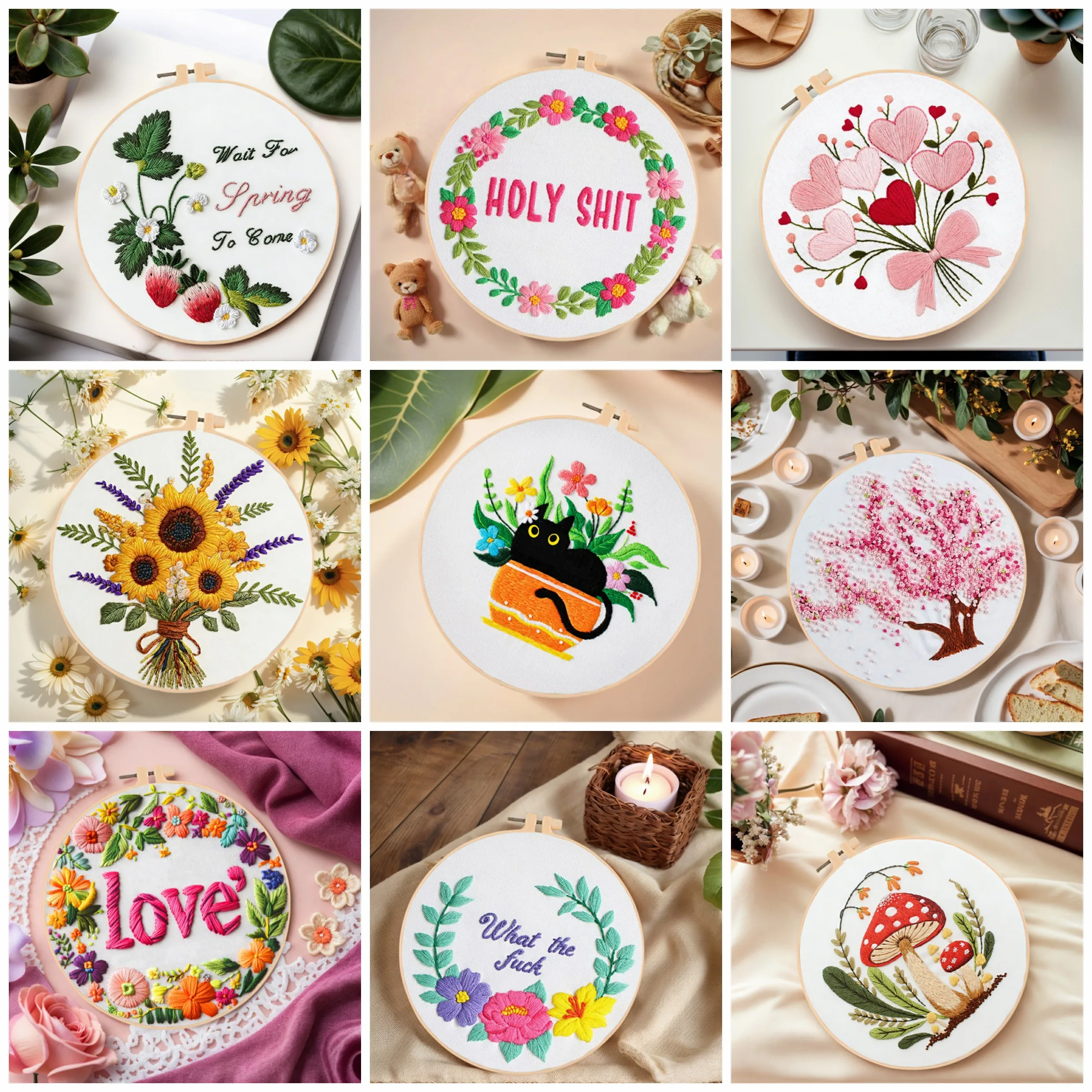 Kreuzstich-Set: Liebesherz, Blume, Pilz – Einzigartiges Geschenk, Stickerei mit Rahmen, Girlande, Handnäh-Bouquet, Buchstaben-DIY, Baum-Wanddeko