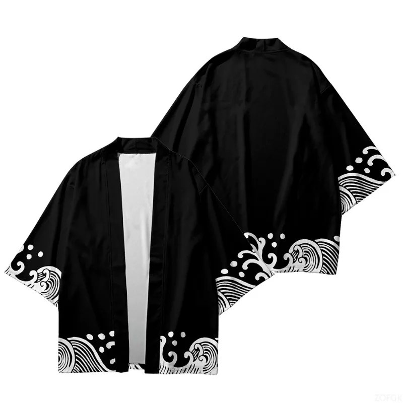 2025 Summer Style Wave Printed Kimono Men's Open Collar Role Playing Streetwear Black Top