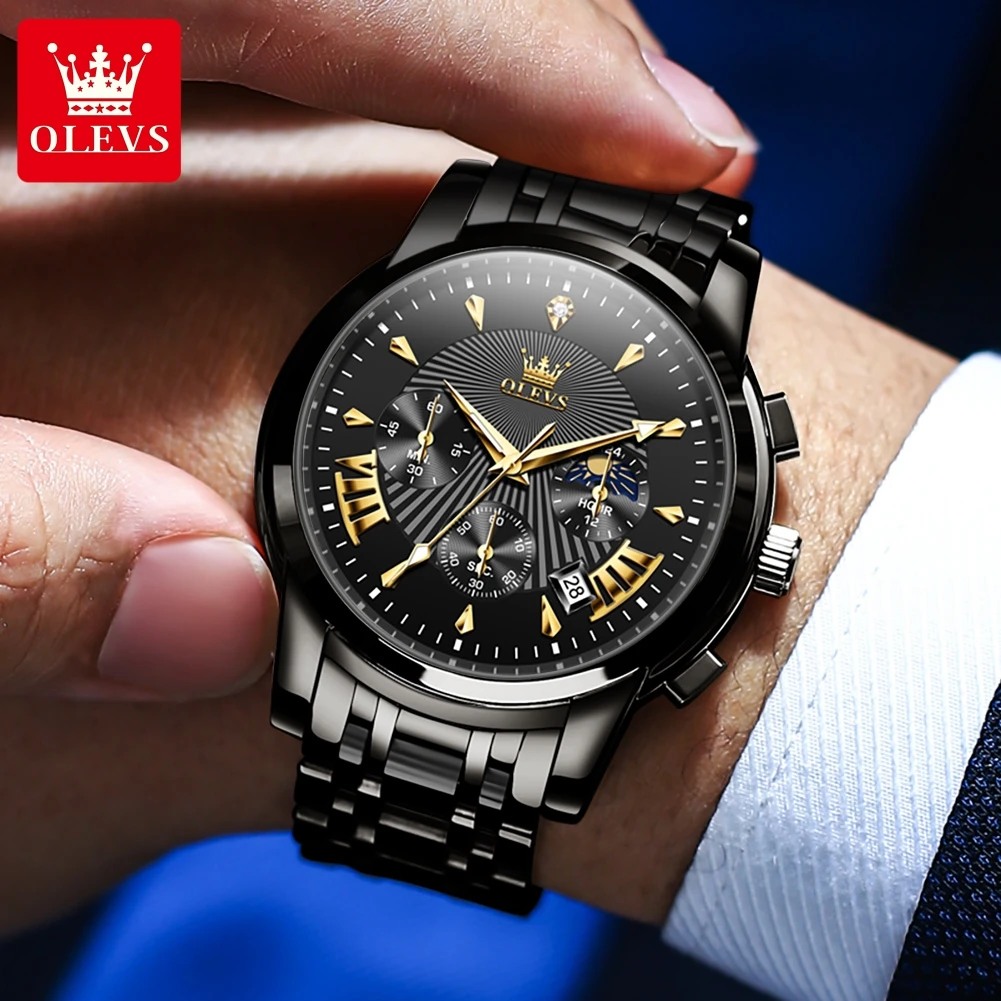 OLEVS 2892 TOP Brand Men\'s Watches Stainless Steel Waterproof Moon Phase Chronograph Quartz Watch for Men