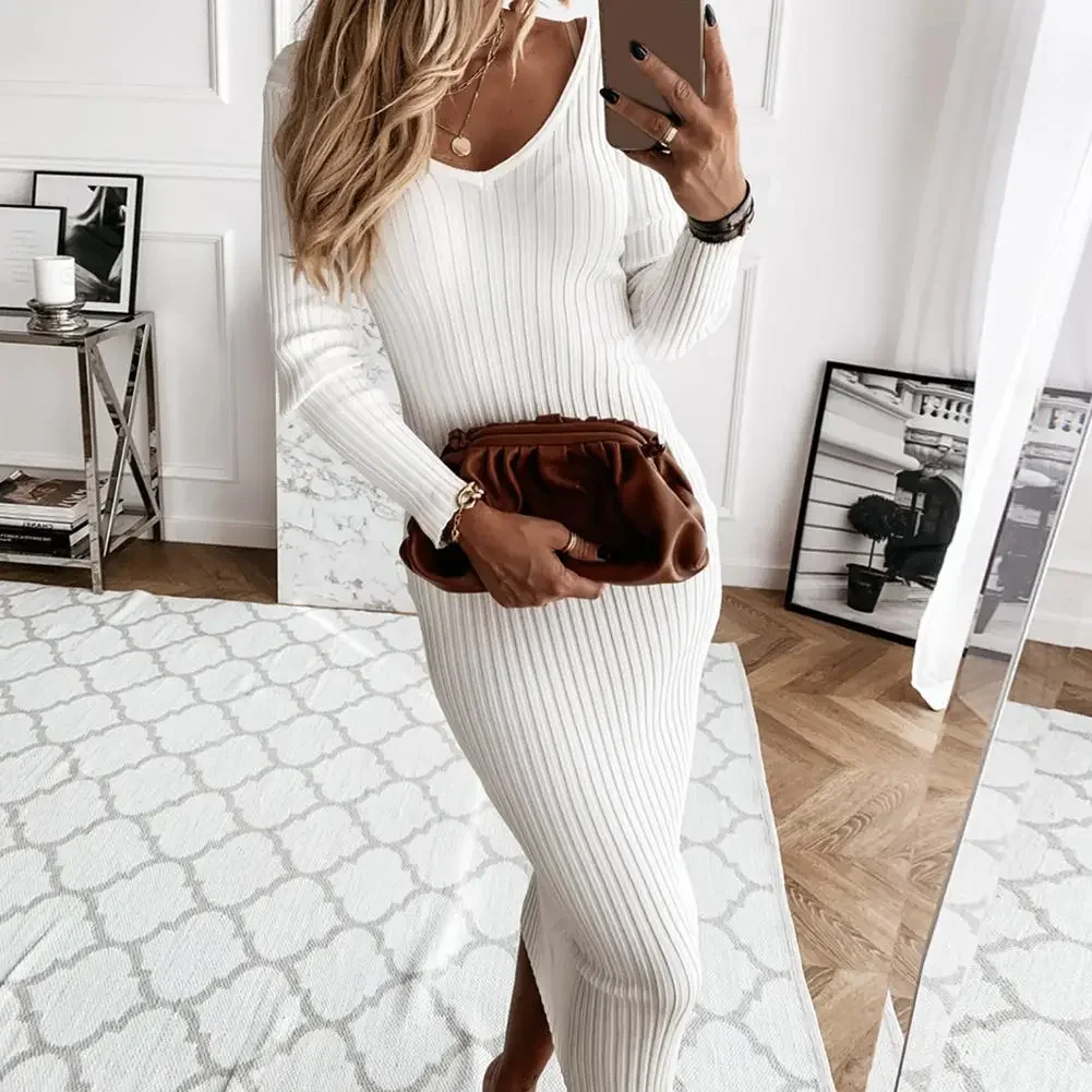 Frauen Herbst einfarbig V-Ausschnitt Langarm gerippt gestrickt Bodycon Maxi kleid Damen bekleidung женское платье vestidos 2020