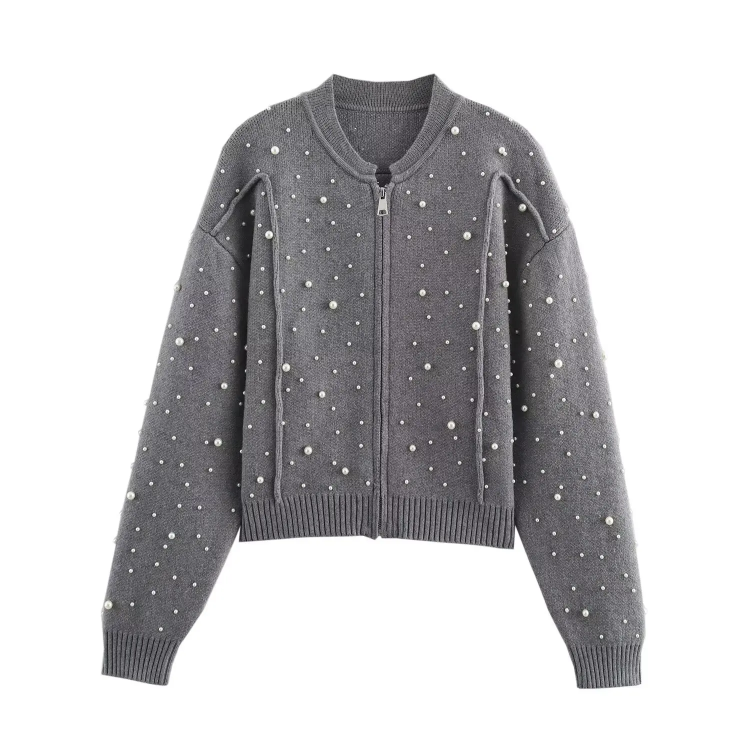 

European and American 2025 Autumn and Winter Women's New Fashion Fashion Artificial Pearl Decorated Knitted Bomber Jacket