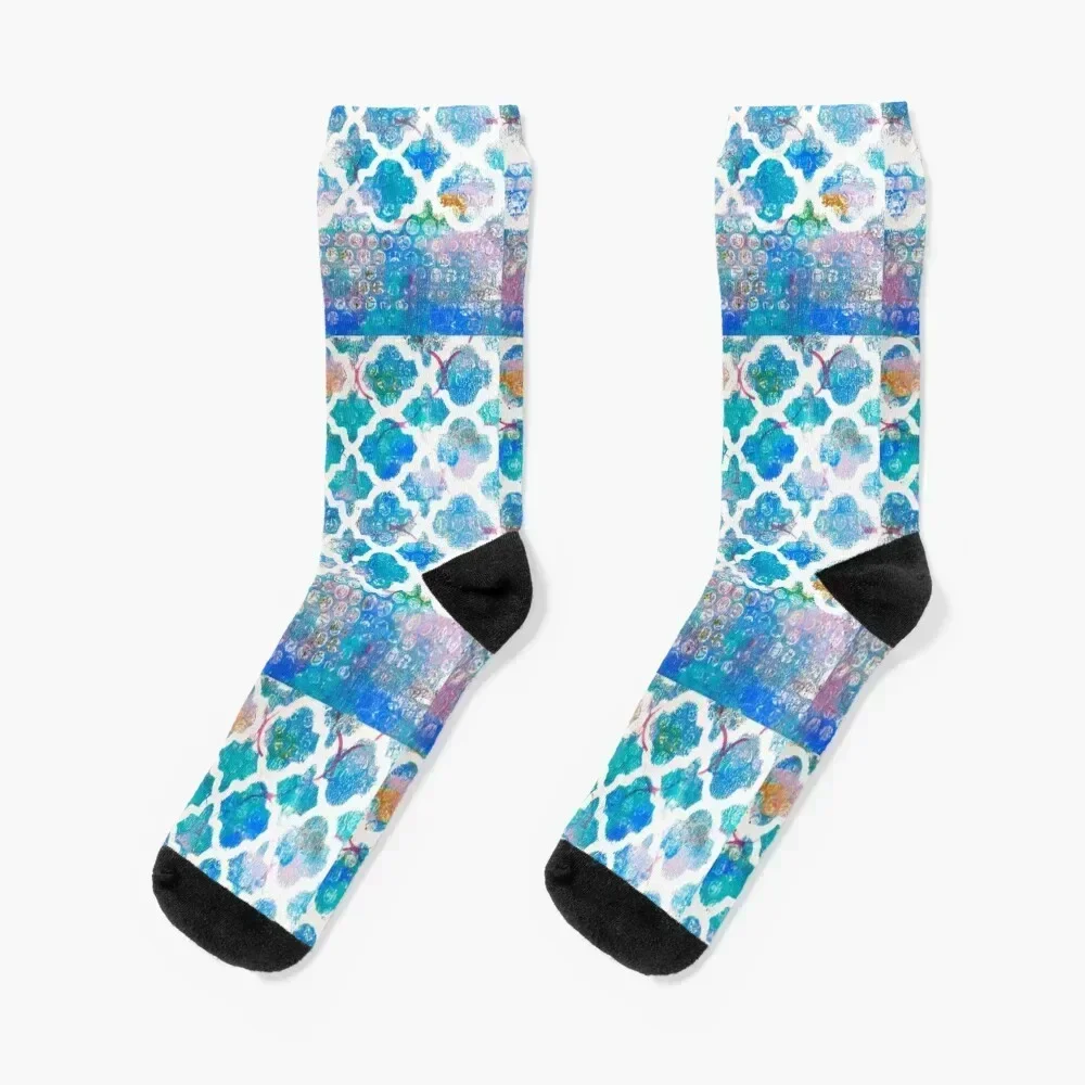 

BLUE AND WHITE MOROCCAN PATTERN Socks professional running Rugby colored winter thermal Socks Female Men's