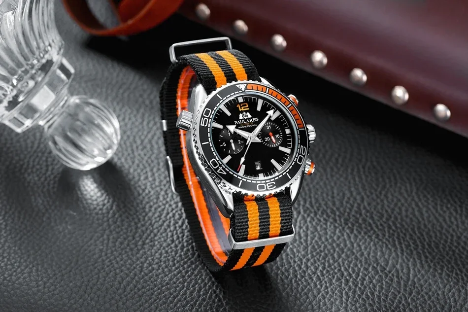 Men Automatic Self Wind Mechanical Orange Black Blue Red Gray Canvas Strap Multifunction Date Month Watch