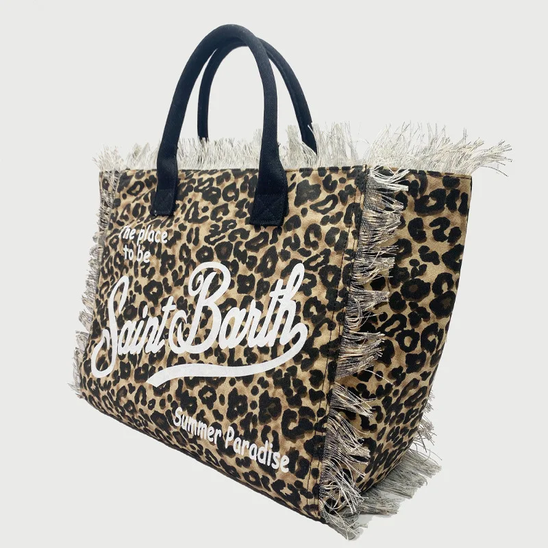 SAINT BARTHNew women\'s high-capacity leisure tourism leopard print canvas handmade tassel handbag tote bag