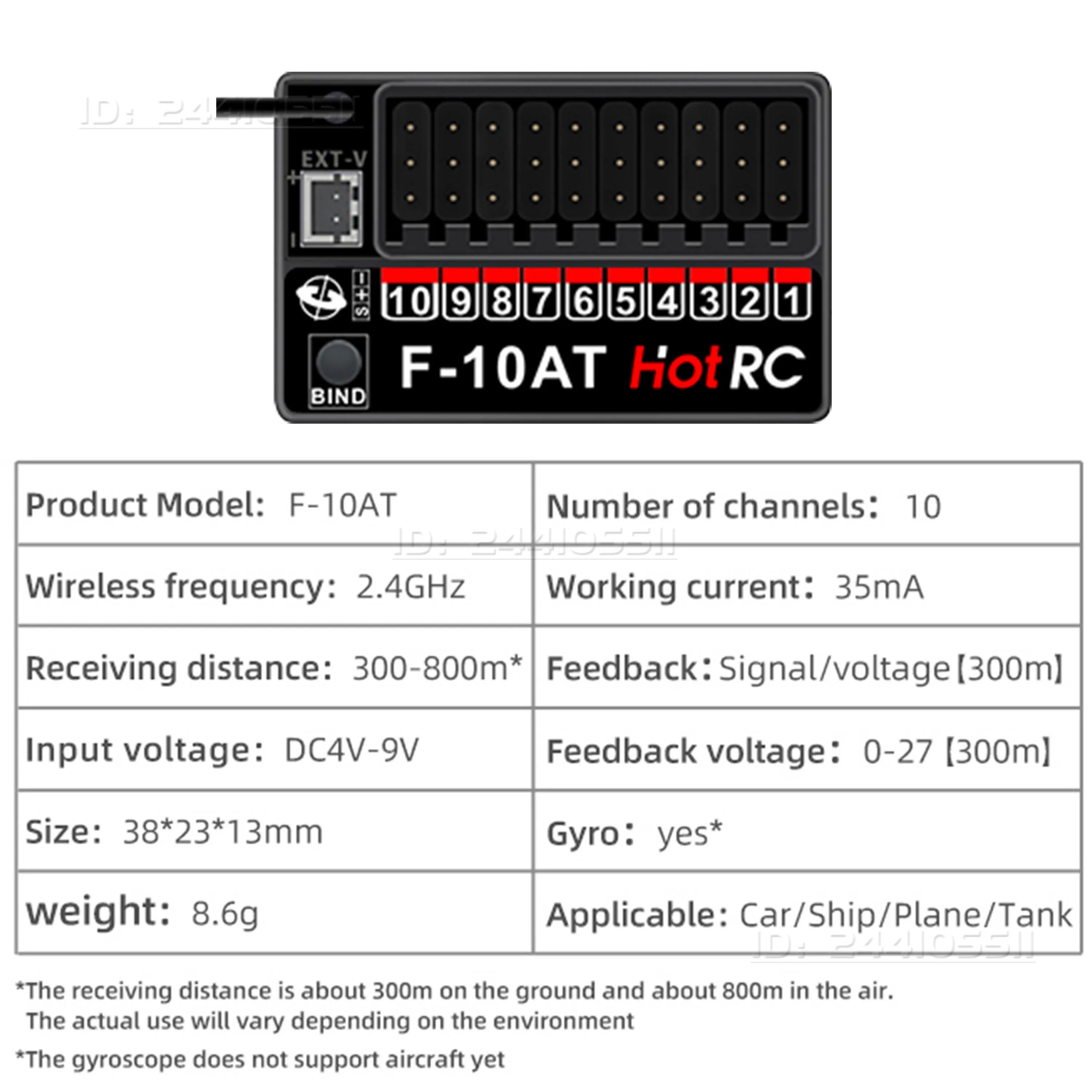 HotRC F-10AT 10CH 2.4G Gyro Receiver Voltage Return PWM DC4V-9V Radio System for RC Car Aircraft Tank Boat CT-10B Transmitter