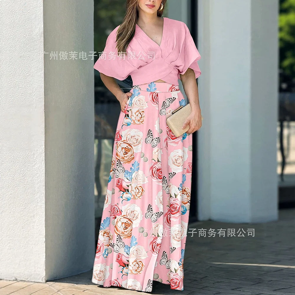 Pure Color V Neck Top Floral Wide Leg Pants Jumpsuit Matching Set