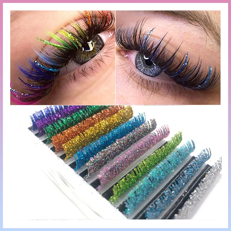 Mix Kleuren Glitter Wimper Extensions Glanzende Kleurrijke Valse Wimpers Faux Russisch Volume Individuele Wimpers Voor Make-Up Benodigdheden