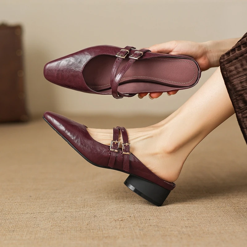 NEW Spring/Summer Women Mules Genuine Leather Shoes Women Square Toe Chunky Heel Shoes Cover Toe Sandals Buckle Strap Slippers