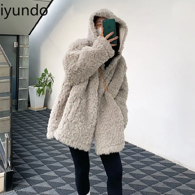 Women 2024 Winter New Loose Hooded Coat Lamb Fur One-piece Thickened Plush Top Casaco Feminino De Inverno Super Quente