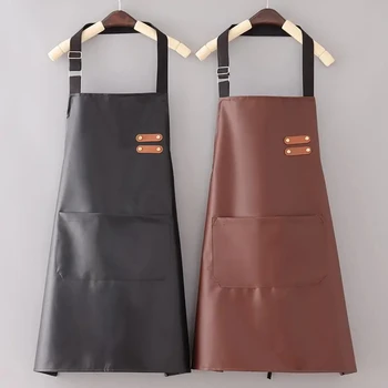 PU 가죽 방수 및 내유성 앞치마, 주방 작업복, 가정 요리 청소, 유니섹스 민소매 앞치마, 조절 가능