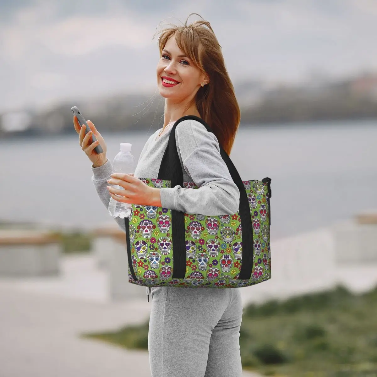 Bolsas de compras personalizadas con estampado de calavera para mujer, bolsas de viaje de gran capacidad con esqueleto de terror, muerte, gimnasio y playa