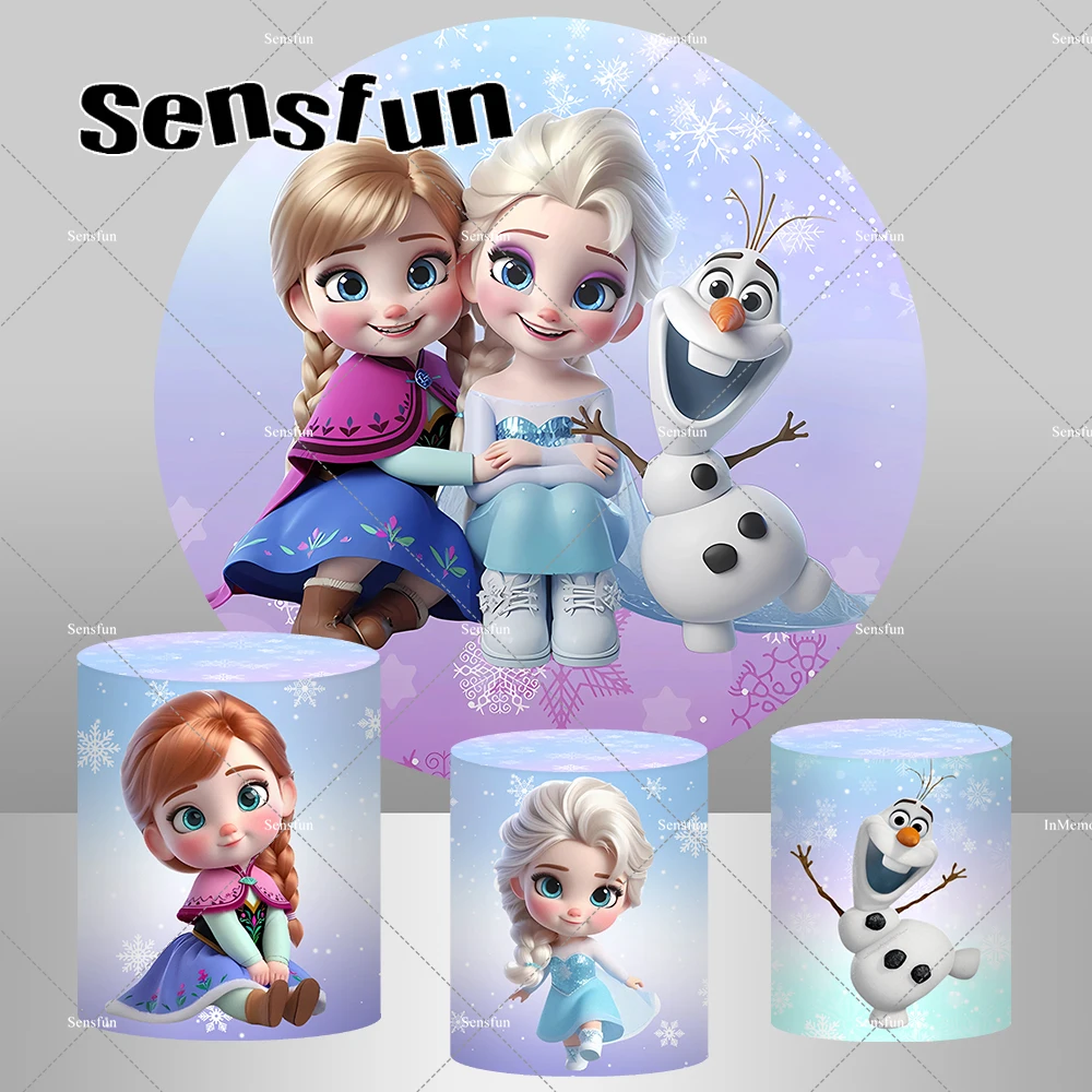 Fondo redondo de Elsa Anna con tema de Frozen de dibujos animados para niñas, fondos de fiesta de 1er cumpleaños, pancarta, cubiertas de cilindro para Baby Shower