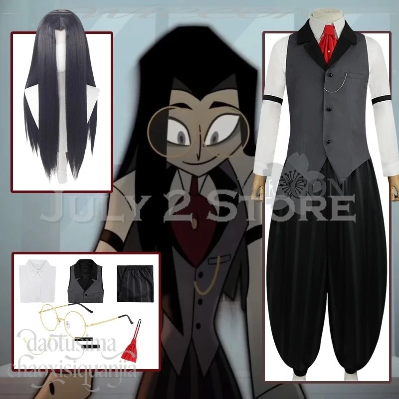 Cosplay de Anime para mujer, disfraz de Hotel de Anime, disfraz de Sir Pentious, chaleco gótico gris oscuro, corbata roja, pantalones negros, traje de peluca larga para Halloween Chr