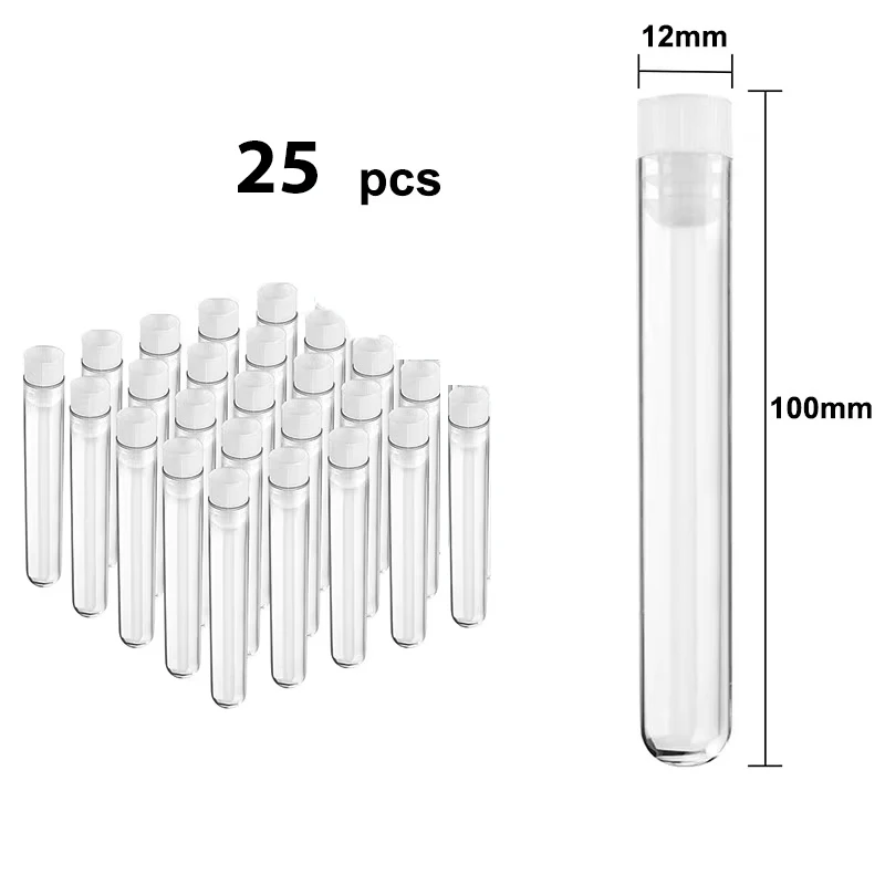 25PCS / 50PCS 12mm X 100mm PS Plastics Test Tube With Cap Scientific Laboratory Glassware  Chemistry Biology Research Education