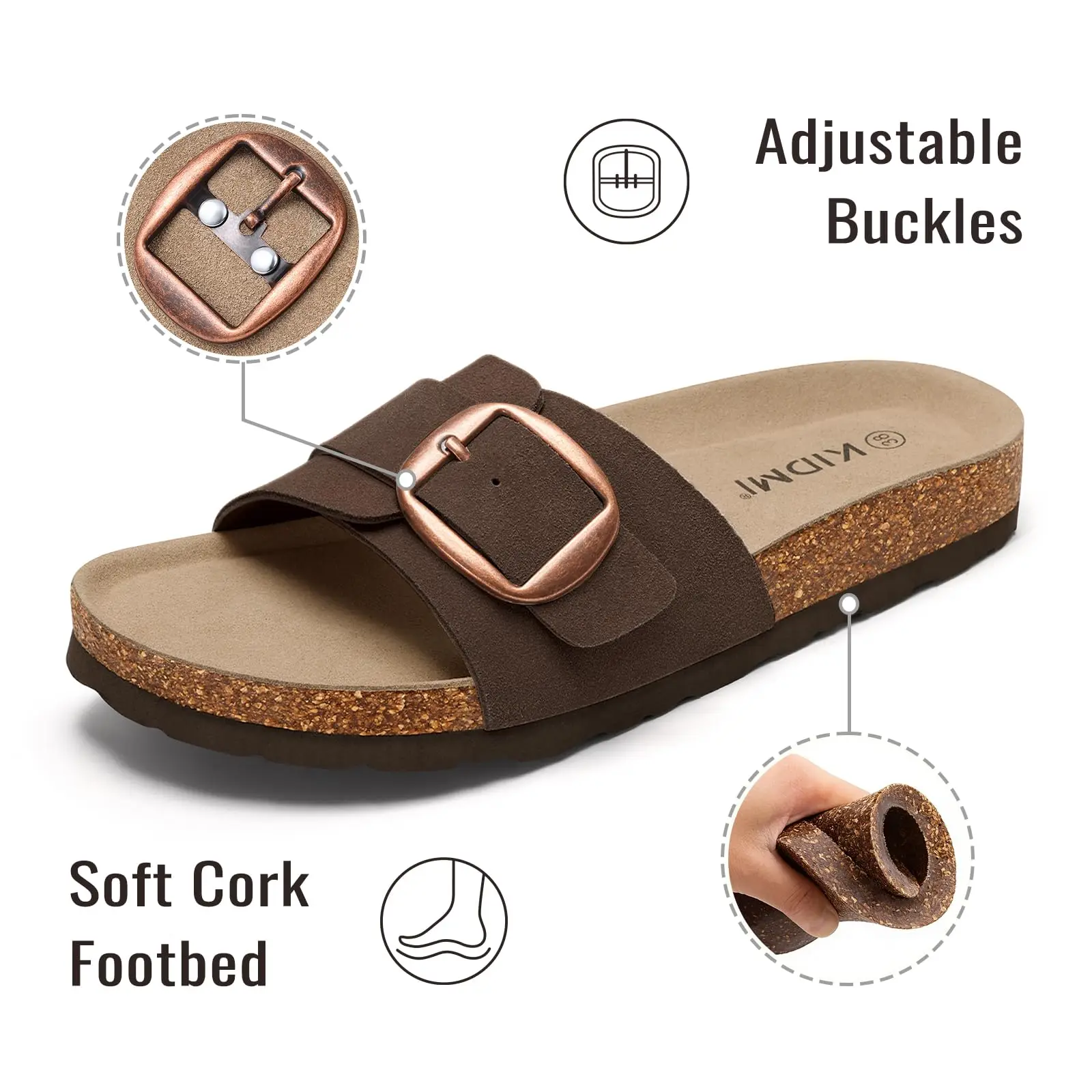 

Litfun Fashion Women's Sandals With Adjustable Buckle Genuine Suede Slides Non-slip Leisure Slides Comfort Cork Footbed Slippers