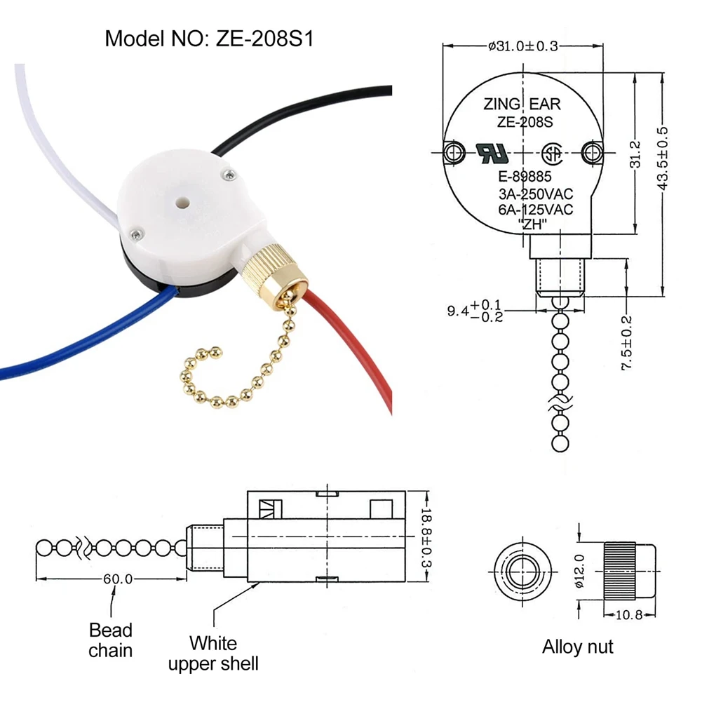 Kit interruttore ventola da soffitto ZE-208S E89885 catena di trazione a 3 velocità a 4 fili, parti del ventilatore da soffitto, interruttore di controllo della velocità dell'interruttore