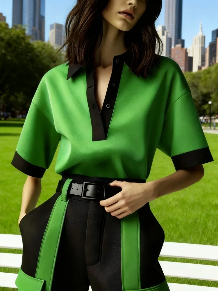 

2025 Новая женская свободная зеленая футболка контрастного цвета, блузка с лацканами, рубашка с короткими рукавами, топы для офисной работы, повседневная повседневная одежда ​