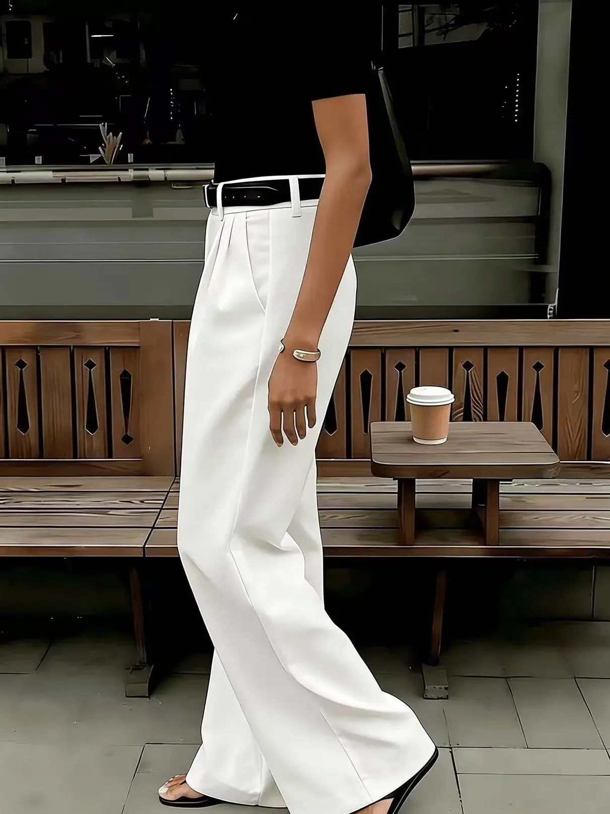 High Waist Straight Leg Floor Length Pants Pure Color Casual Trousers for Women Polyester Fiber Non-Stretchy