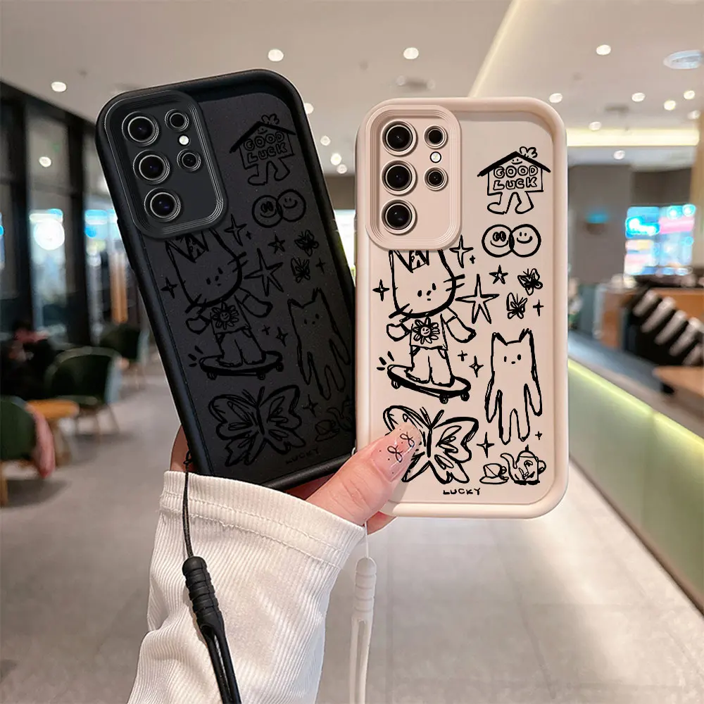 Cute Cartoon Black Sketch Cat Phone Case for Huawei P20 P30 P40 P50 Mate 20 30 40 Pro Nova 7 9 10 SE Soft Cover With Hand Strap