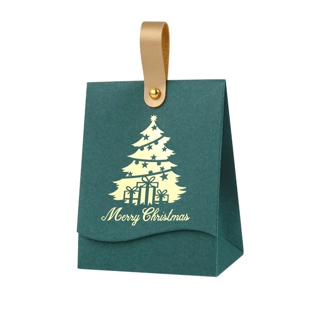10pcs Leather Handles Christmas Gift Boxes Cardboard Xmas Tree Pattern Party Favor Bag Flap Top Surprise Gift Boxes Holiday Use