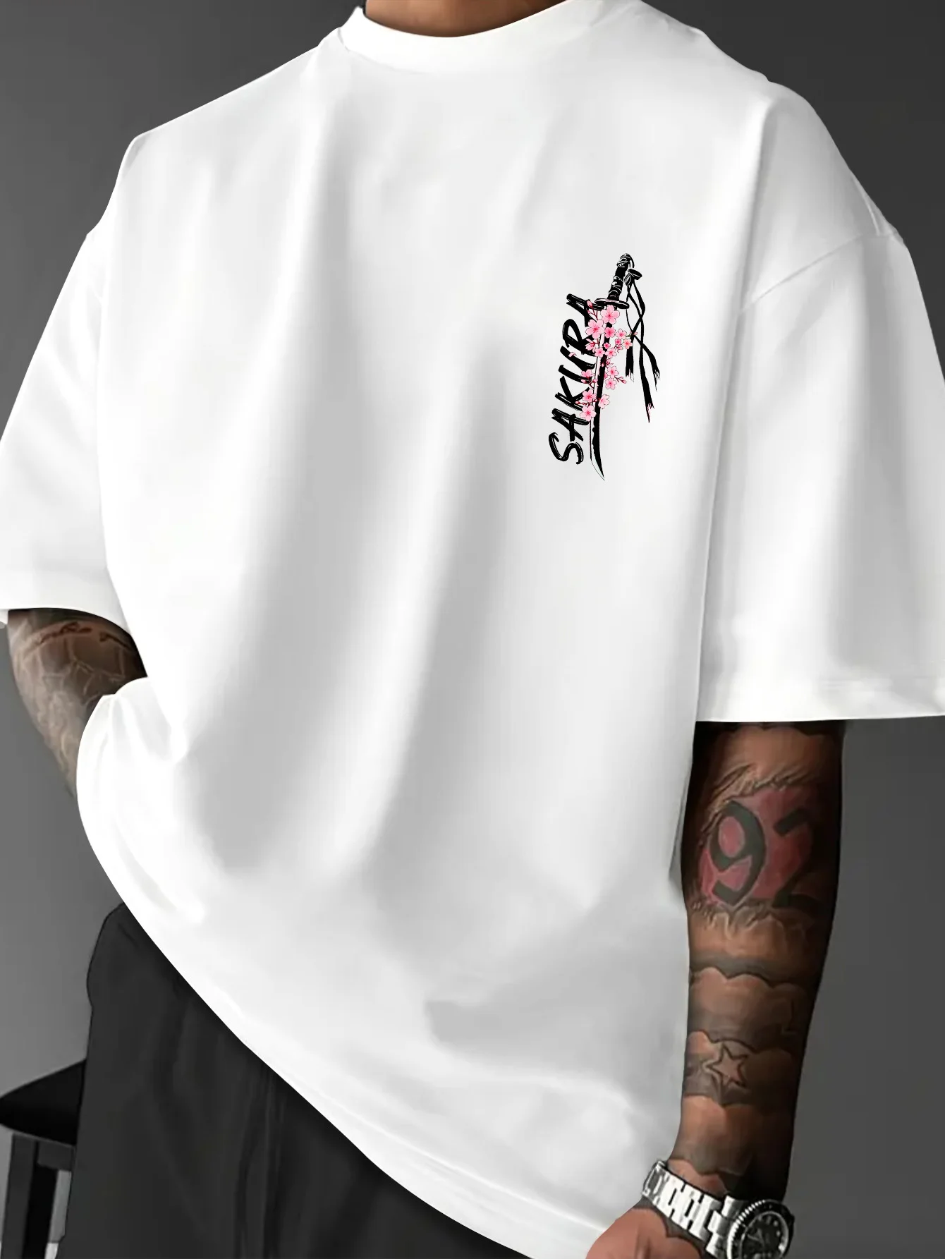Herren 100% Baumwolle Kirschblüten-Samurai-Schwert-Muster T-Shirt Sommer Lässiger Japanischer Street-Style Kurzarm-T-Shirt – Detail 7