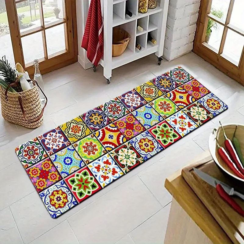 Colorful Bohemian Mandala Floral Tile Pattern Kitchen Runner Rug, Non-Slip Absorbent Floor Mat for Entryway, Bathroom, Hallway