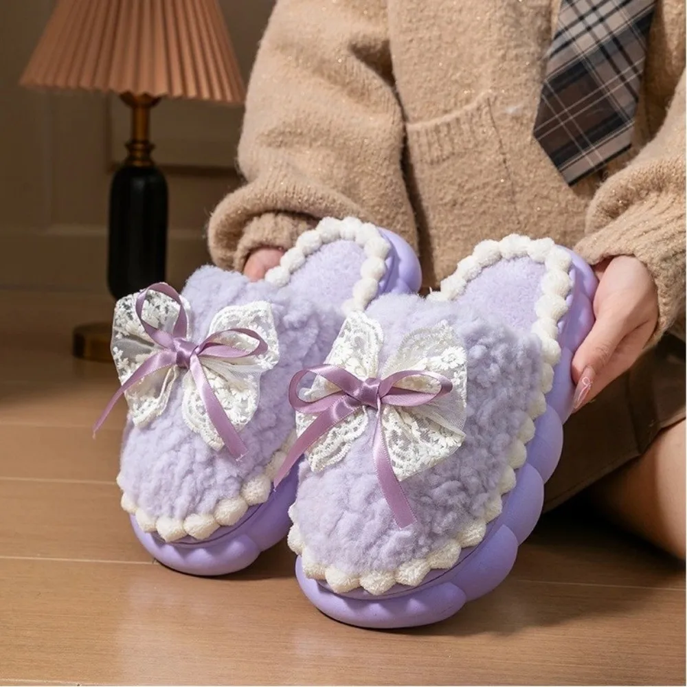 Sweet Bowknot Winter Cotton Slippers Fleece Lined Lace Trim Warm Fluffy Shoes Thick Sole Anti-slip Household Slippers Indoor