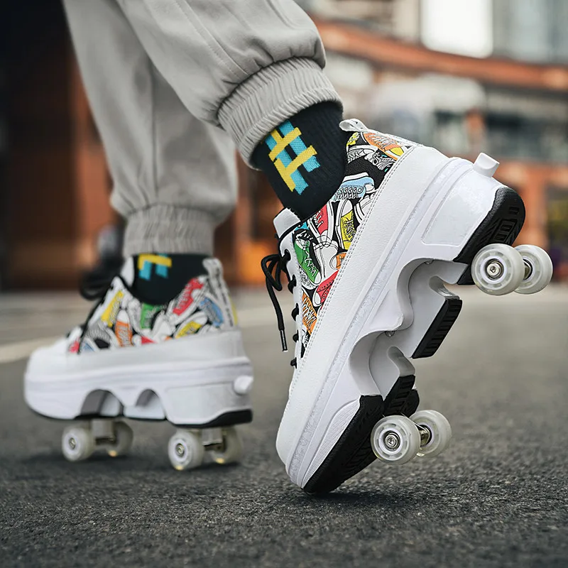 Chaussures de patin à roulettes à quatre roues en cuir PU, baskets Parkour déformées décontractées pour balles rondes, chaussures de sport de course