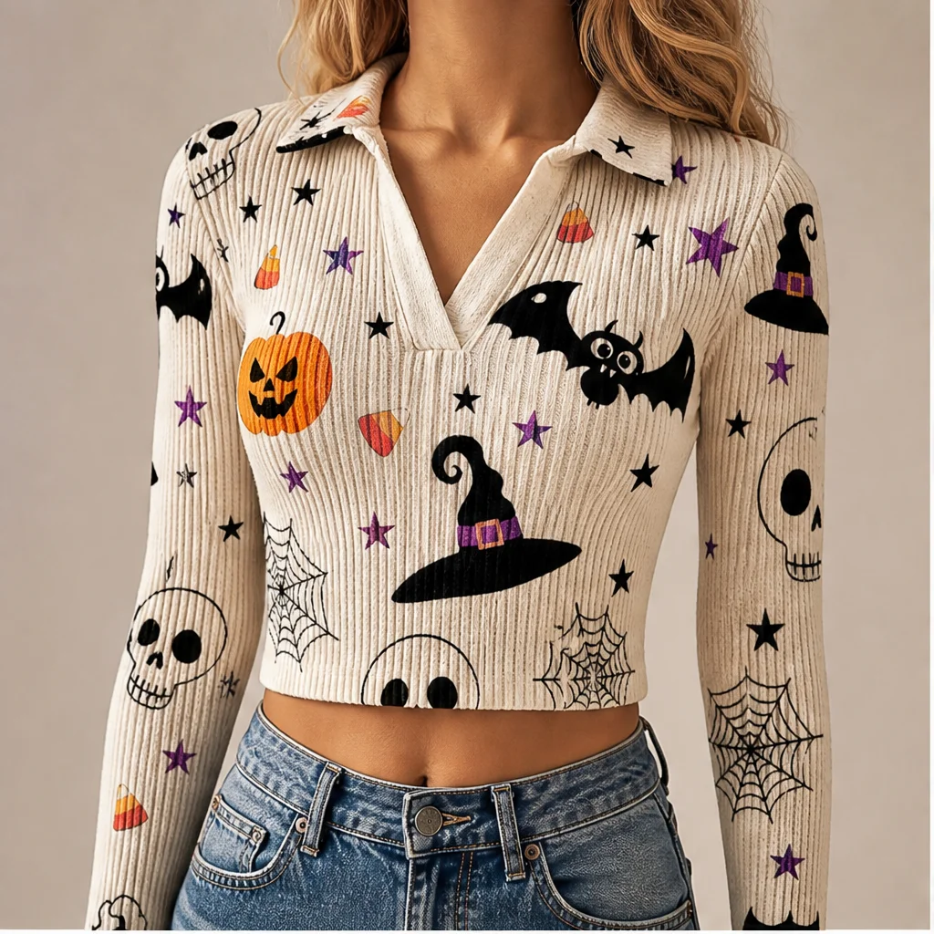 Urban Chic Womens Collared V Neck Ribbed Knit Crop Top Figure Flattering Long Sleeve Pullover for Modern Minimalist Looks Casual