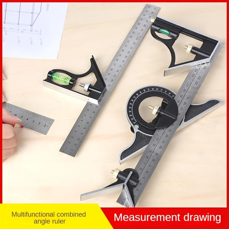 Adjustable Combination Right Angle Ruler 45/90 Degrees with Bubble Level Gauge, Multifunctional Measuring Tool, Measuring Ruler